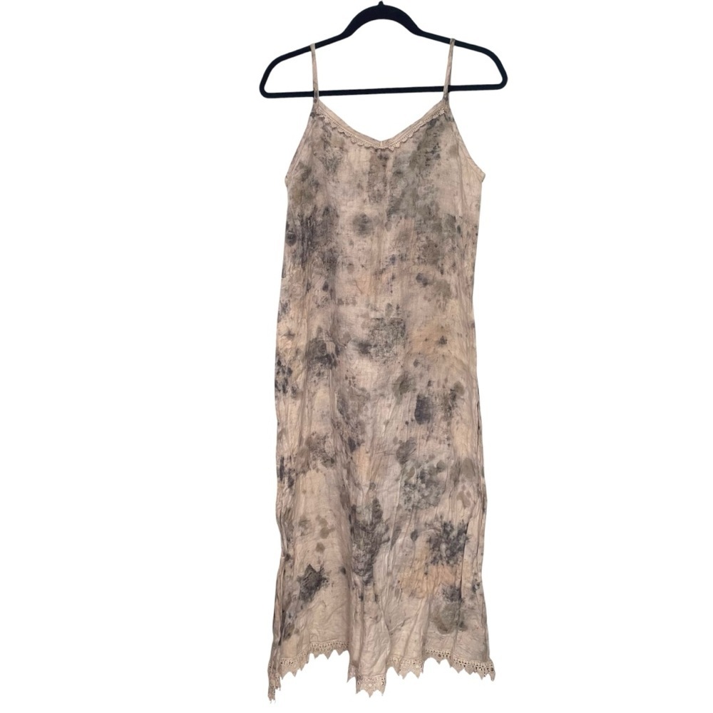 TERZO MILLENNIO Linen Tie-Dye Spaghetti Strap Summer Midi Dress Lace Hem S